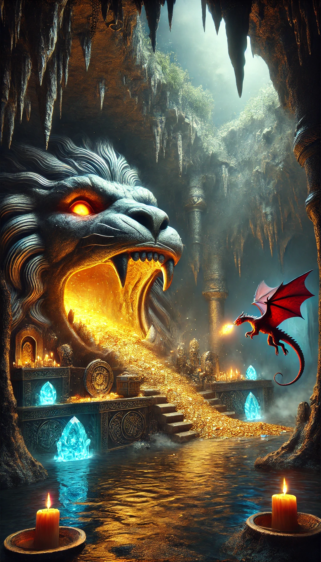 A legendary cavern overflowing with gold, illuminated by the fiery glow of a massive stone lion's mouth. A red dragon hovers nearby, casting its watchful gaze over the treasure, while glowing blue crystals and flickering candles add to the mystical ambiance. This is the mythical source of our gold the heart of rarity and power.