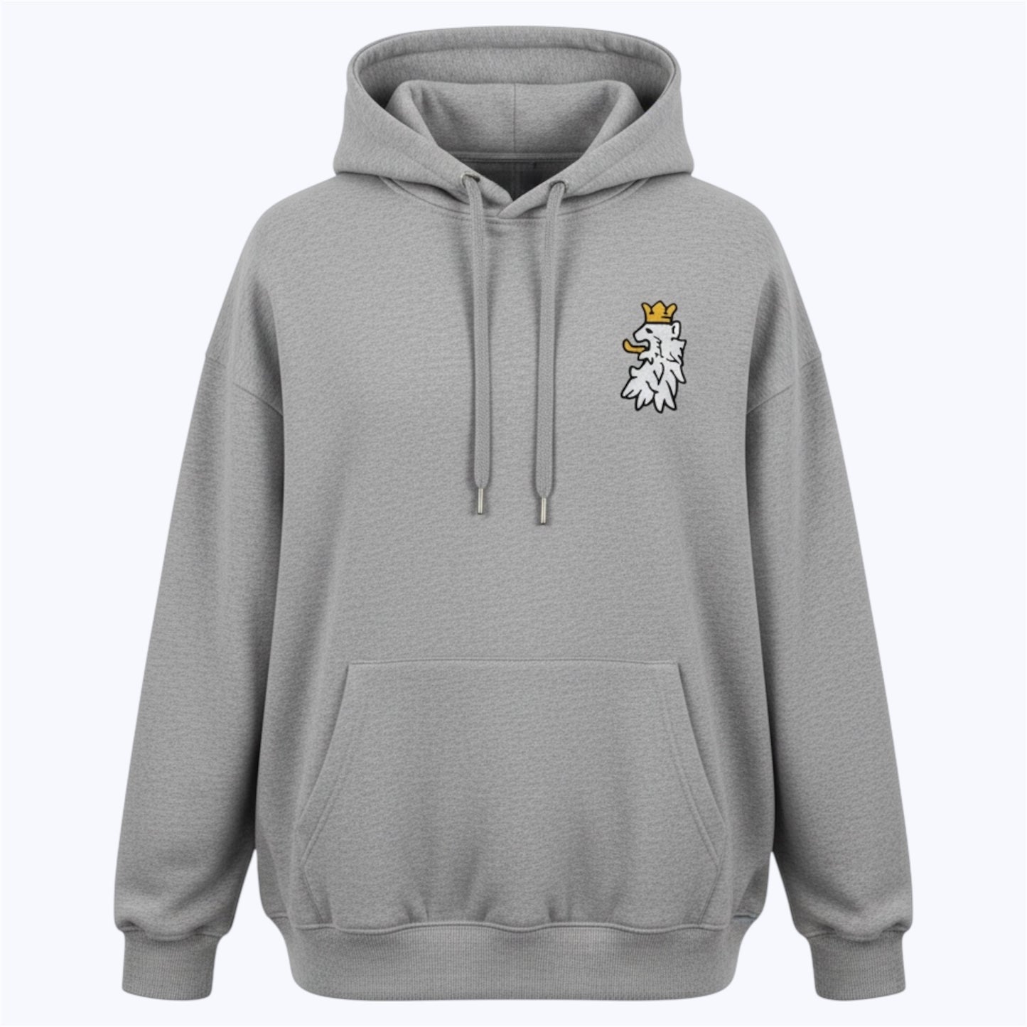 Minimal lion symbol representing leadership and restraint on Leão Branco hoodie