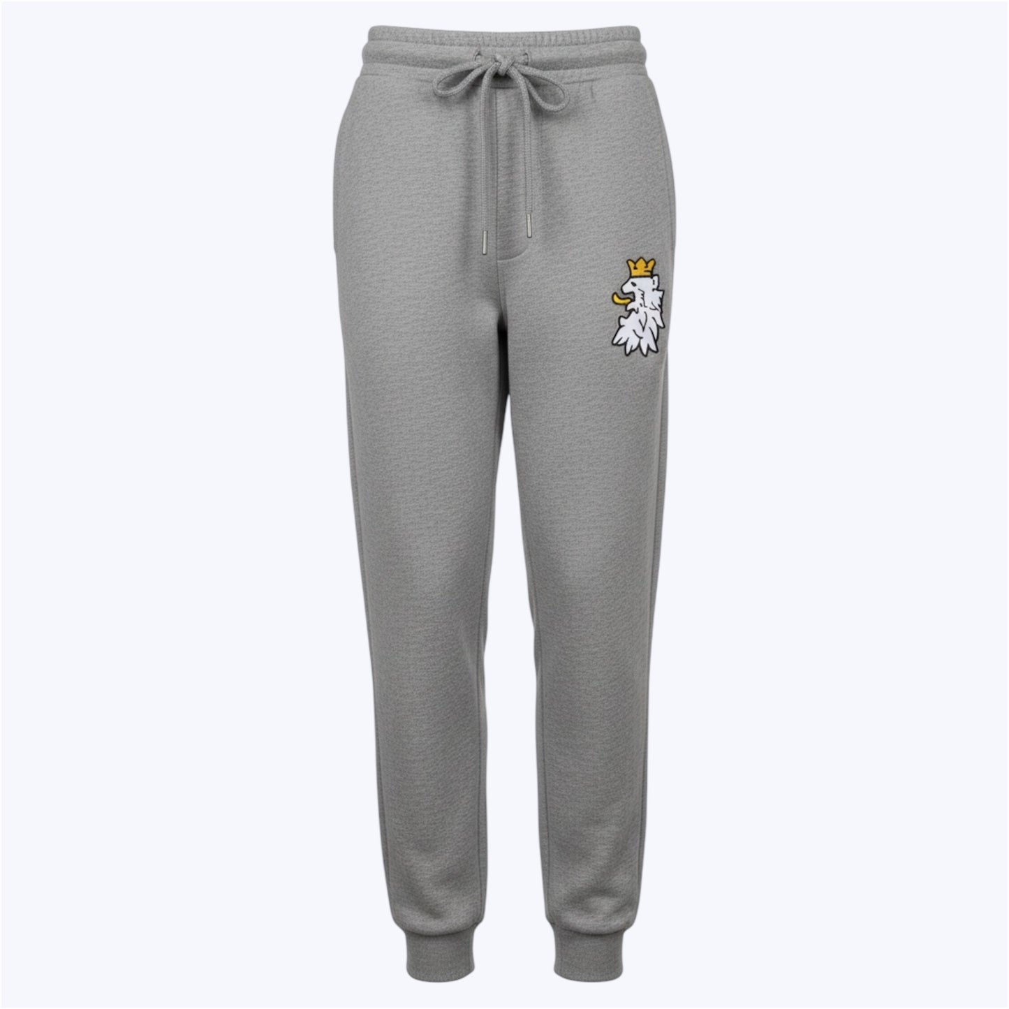 Symbolic lion motif detail representing restraint and authority on Leão Branco joggers