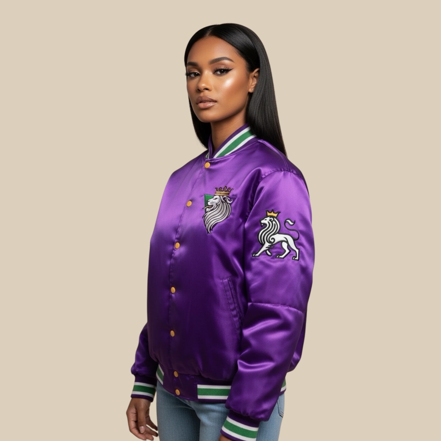 R10 MG25 Ultra Violeta satin bomber three quarter model view