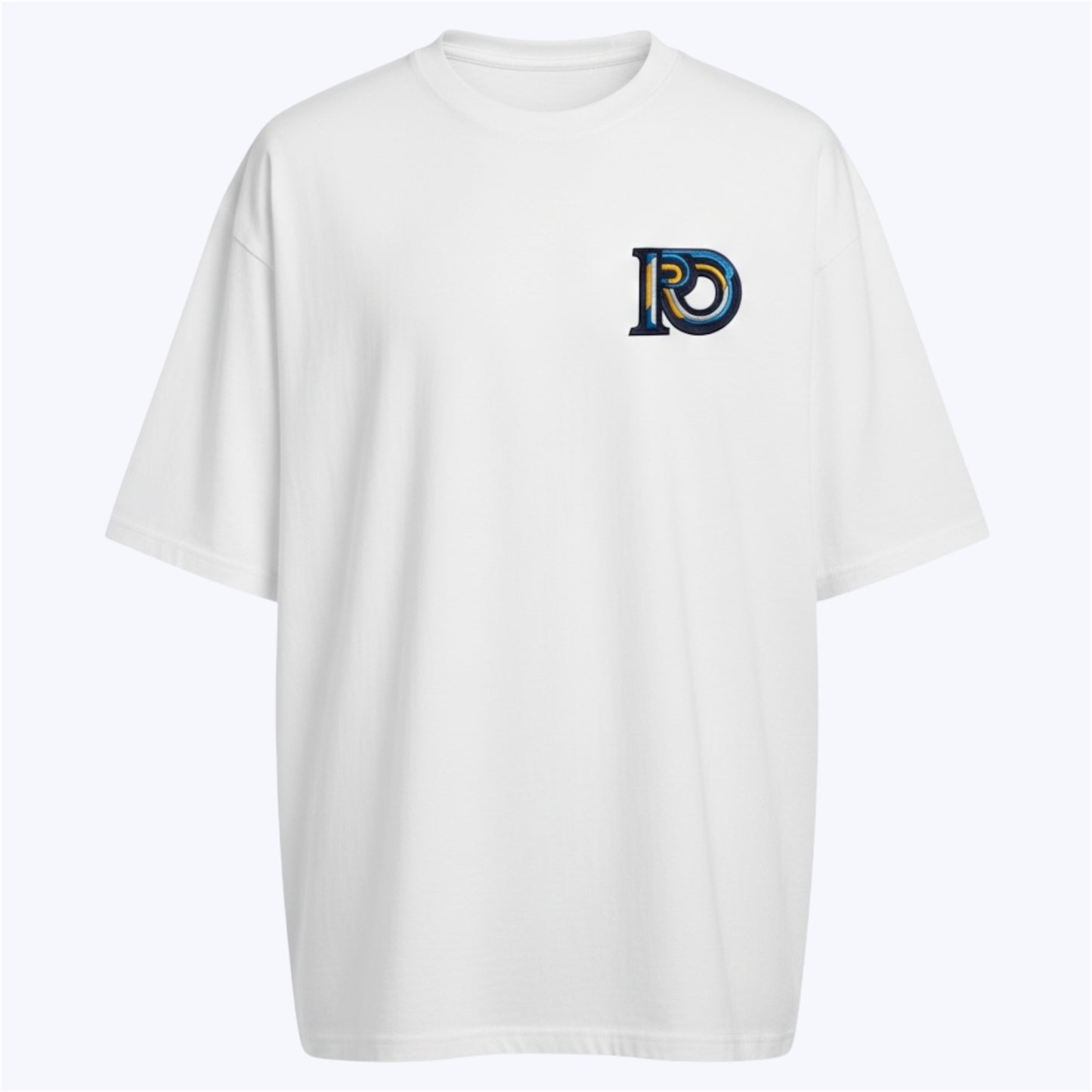 Minimal R10 identity symbol embroidered on cotton white tee