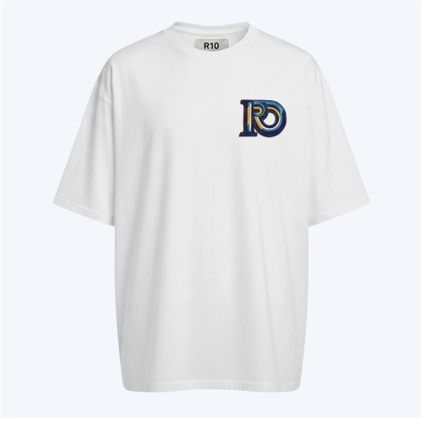 R10 white Monogram tee isolated on off white background