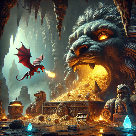 A mythical cavern with a massive stone lion’s head, its mouth pouring molten gold onto a treasure-filled floor. A red dragon hovers nearby, breathing fire, while glowing blue crystals and flickering candles light the ancient hoard.