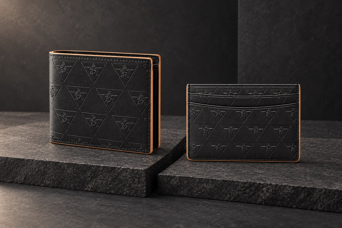 Black R10 Leão Branco wallet and cardholder displayed separately on charcoal stone, showing their embossed motifs and stitched edges.