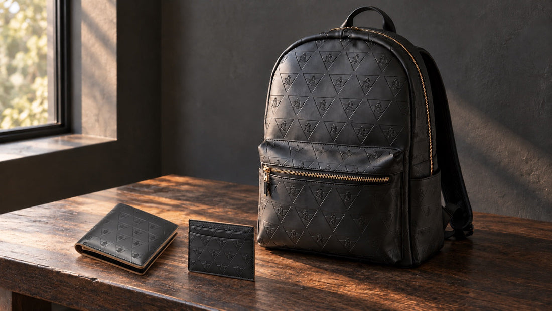 Leão Branco Backpack, Wallet, and Cardholder arranged on dark timber in warm window light.