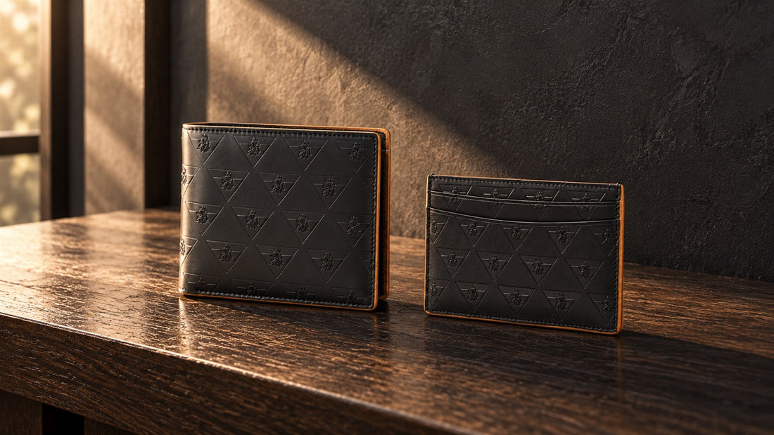 Leão Branco motif wallet and cardholder on dark timber in warm window light