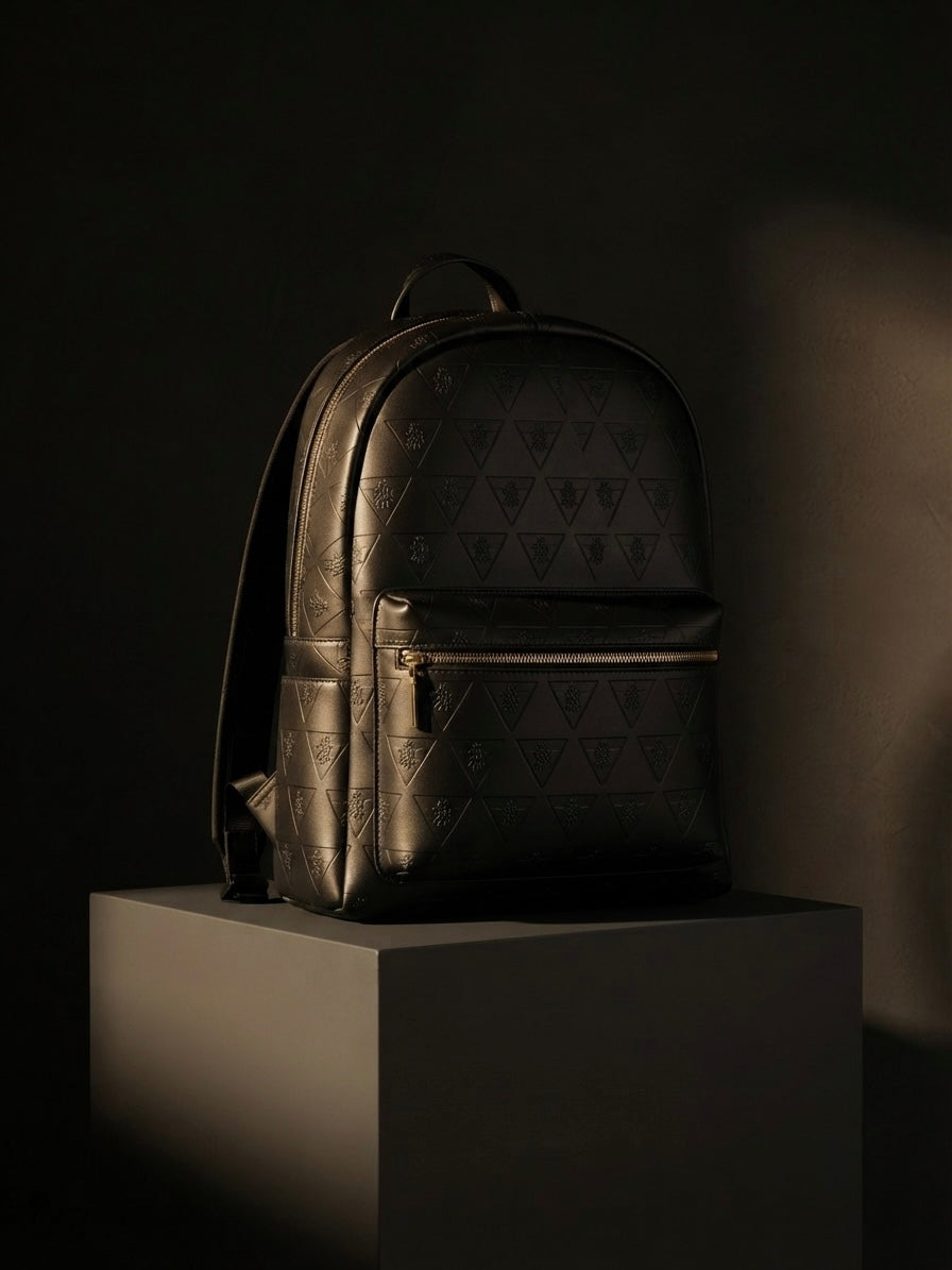 Premium black leather backpack photographed in a luxury editorial studio representing intentional ownership.