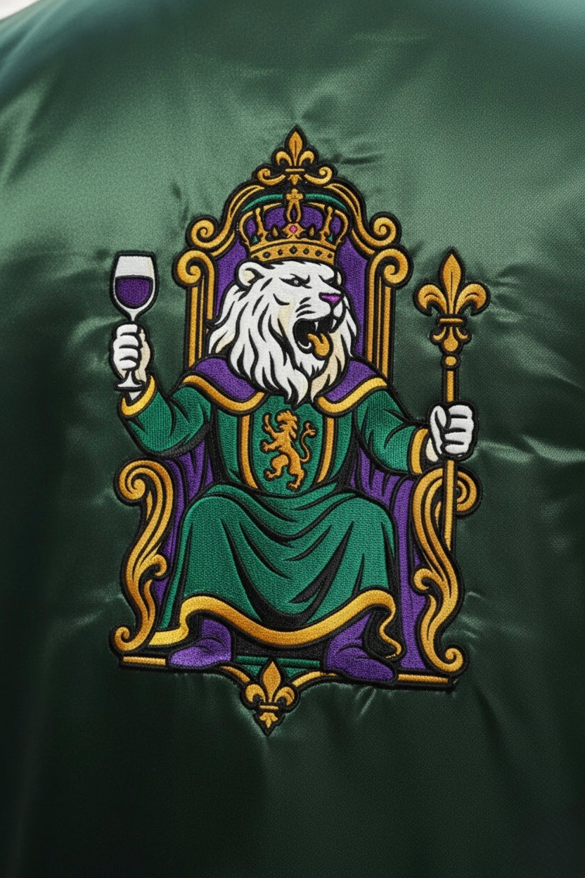 Close-up of throne lion embroidery on back of Esmeralda Oscura Satin Bomber with satin texture visible
