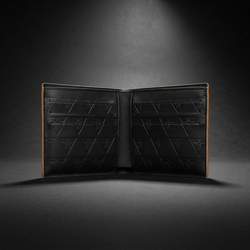 Close-up editorial photograph highlighting premium full grain leather texture, stitching, and craftsmanship used in R10 leather wallets.