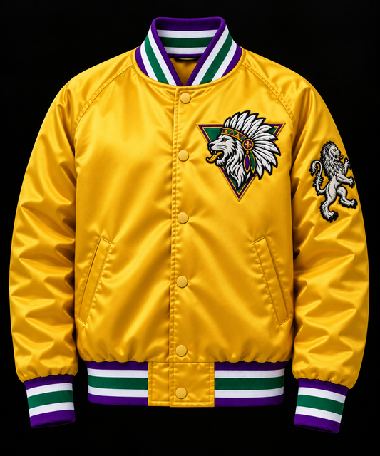 Front view of the MG27 antique-gold satin bomber with snap closure, striped rib-knit trim, and embroidered chest and sleeve emblems.