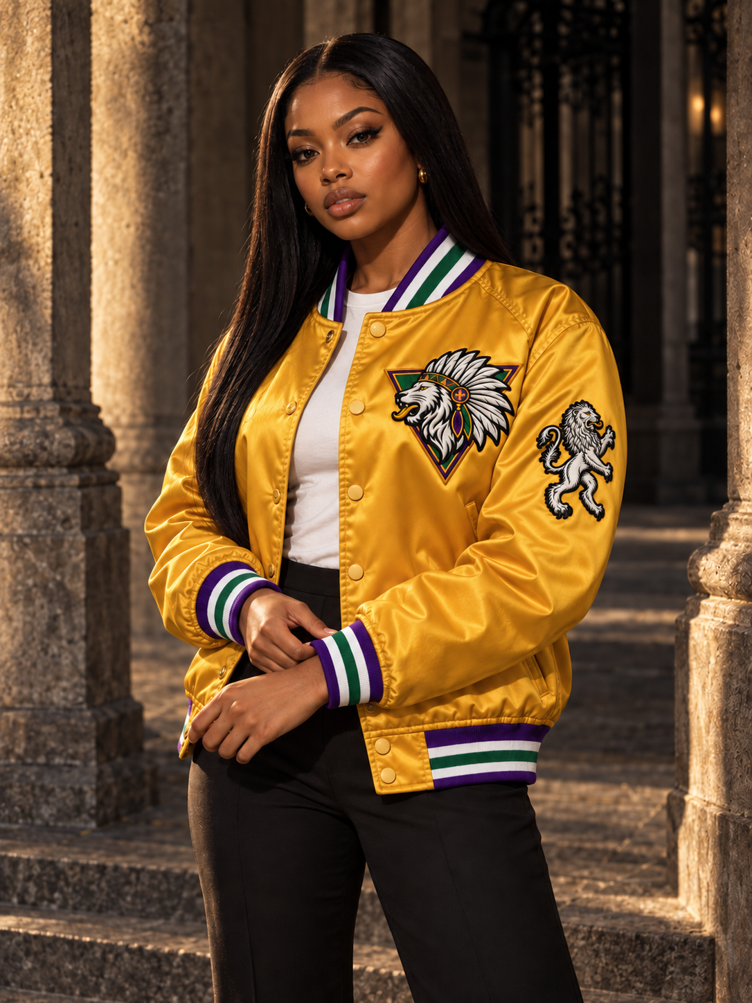 MG27 satin bomber jacket editorial portrait
