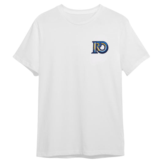 R10 Monogram Tee in white cotton with embroidered R10 logo in blue, gold, and white.
