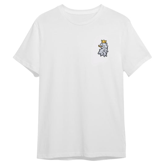 Leão Branco Motif Tee in white cotton with embroidered crowned lion emblem in gold and white.