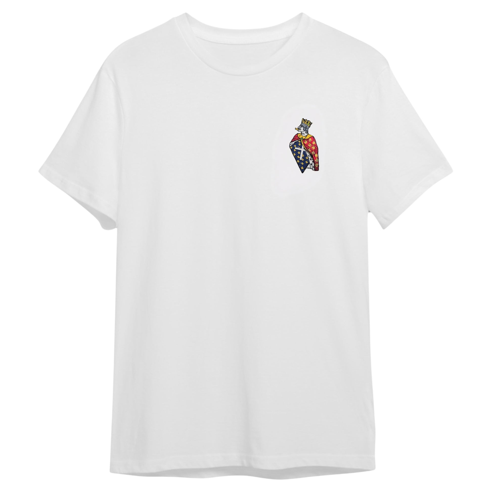 Coração de Leão Motif Tee in white cotton with embroidered lionheart emblem in crown and regal cloak.