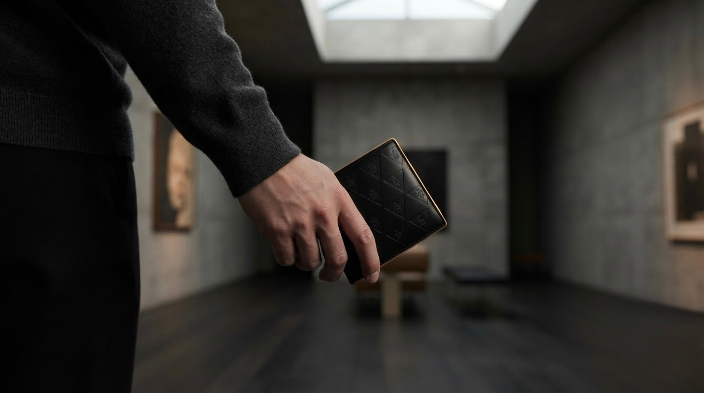Person naturally carrying a structured black leather wallet, representing intentional everyday carry and purposeful design.