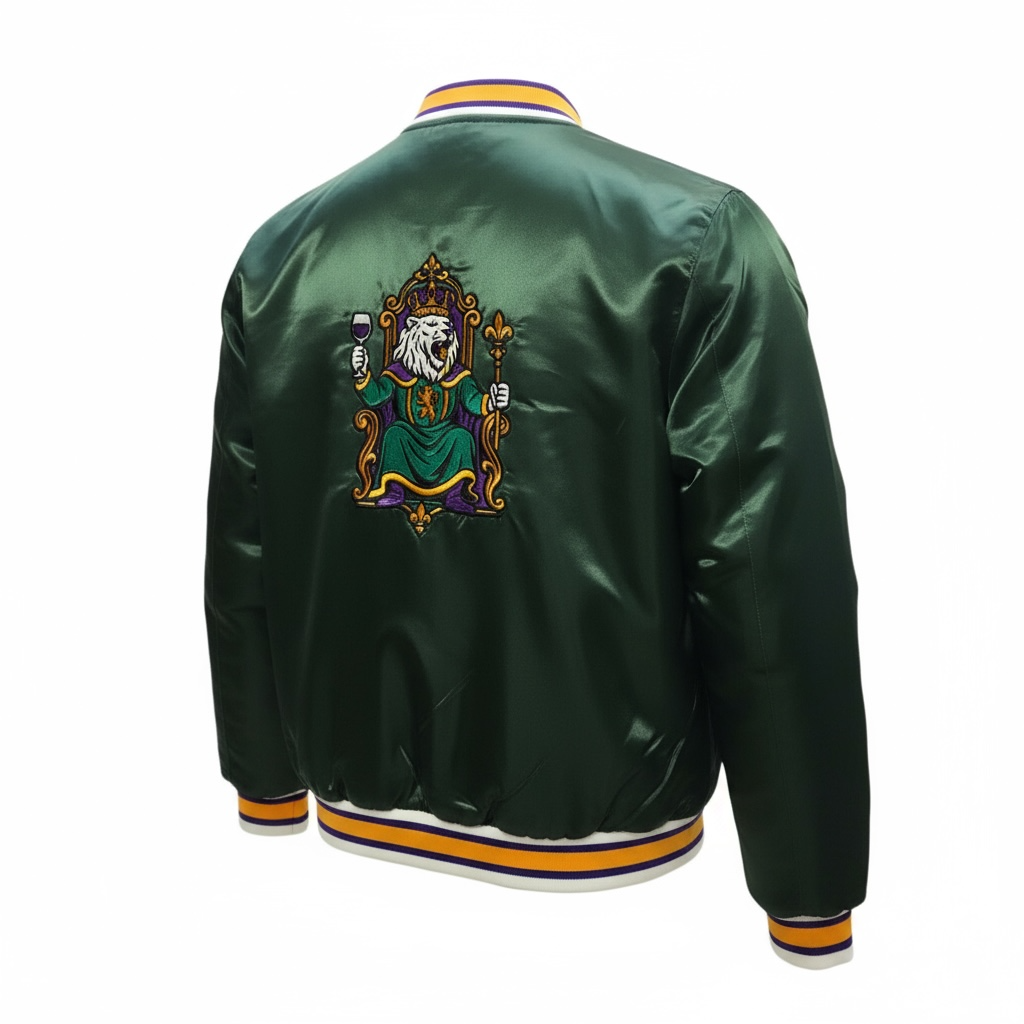 Back view of the R10 MG26 satin jacket showcasing detail embroidered lion throne artwork symbolizing authority and legacy.