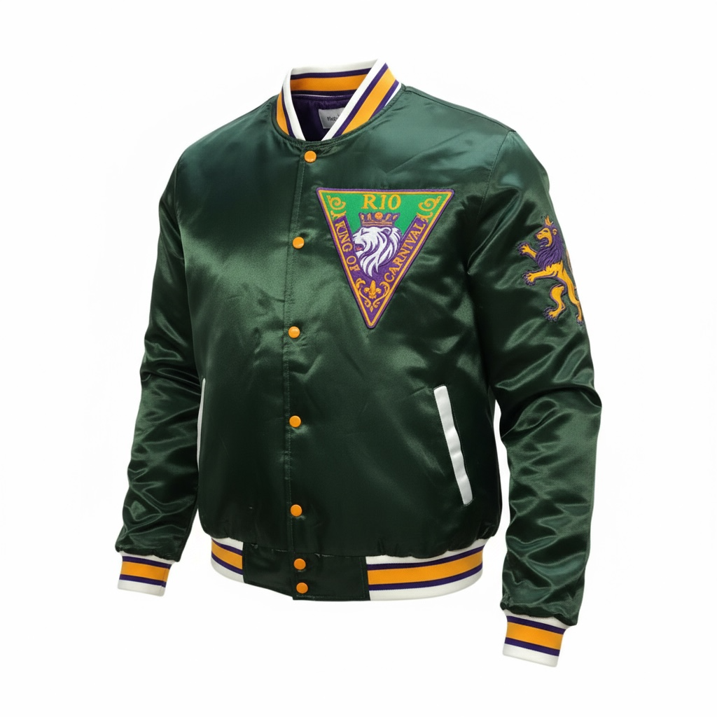 Front  view of the R10 MG26 satin jacket in deep green, featuring embroidered lion crest, snap buttons, and ribbed trim.
