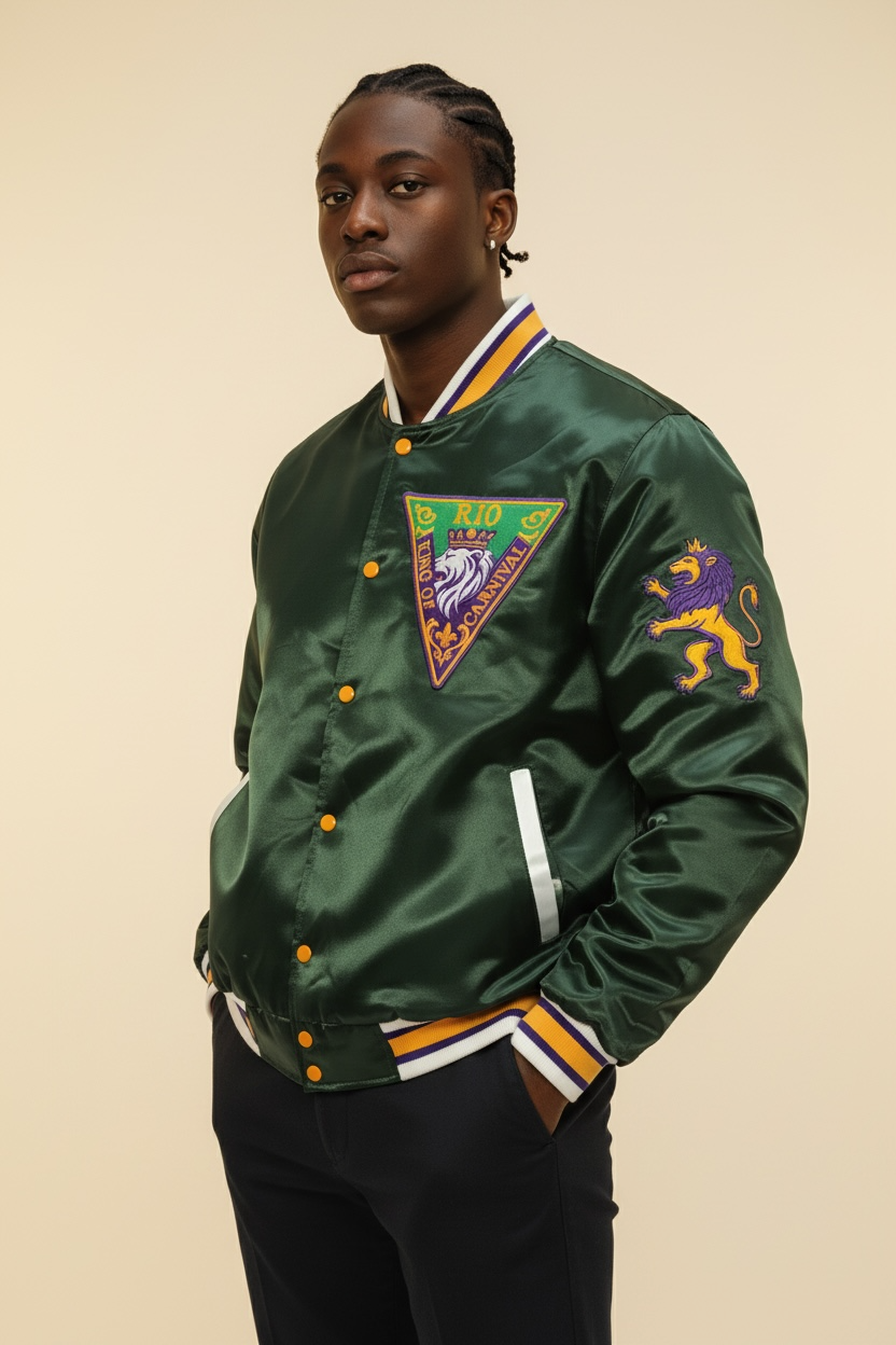 Front view of the R10 MG26 satin jacket with embroidered lion crest and carnival inspired detailing on a minimalist background.