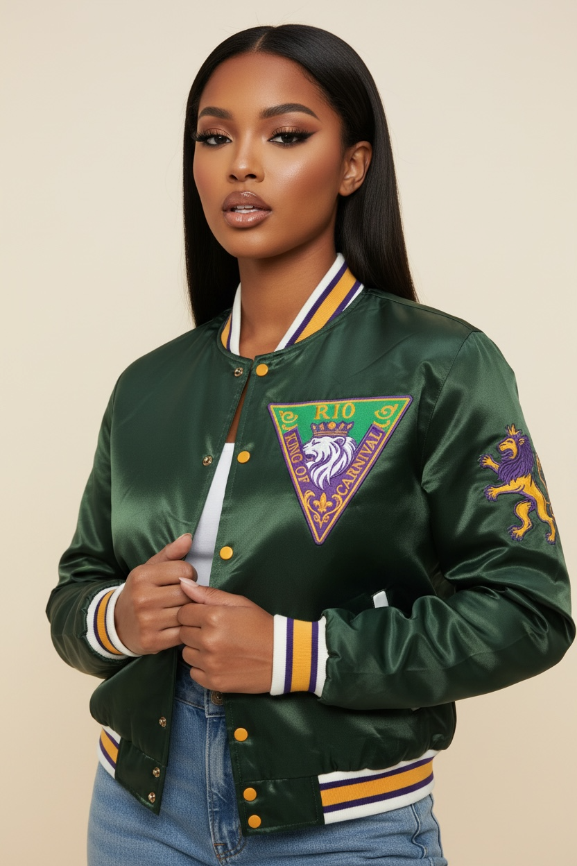Model wearing R10 MG26 satin jacket, featuring the signature lion emblem and premium satin finish designed to endure.