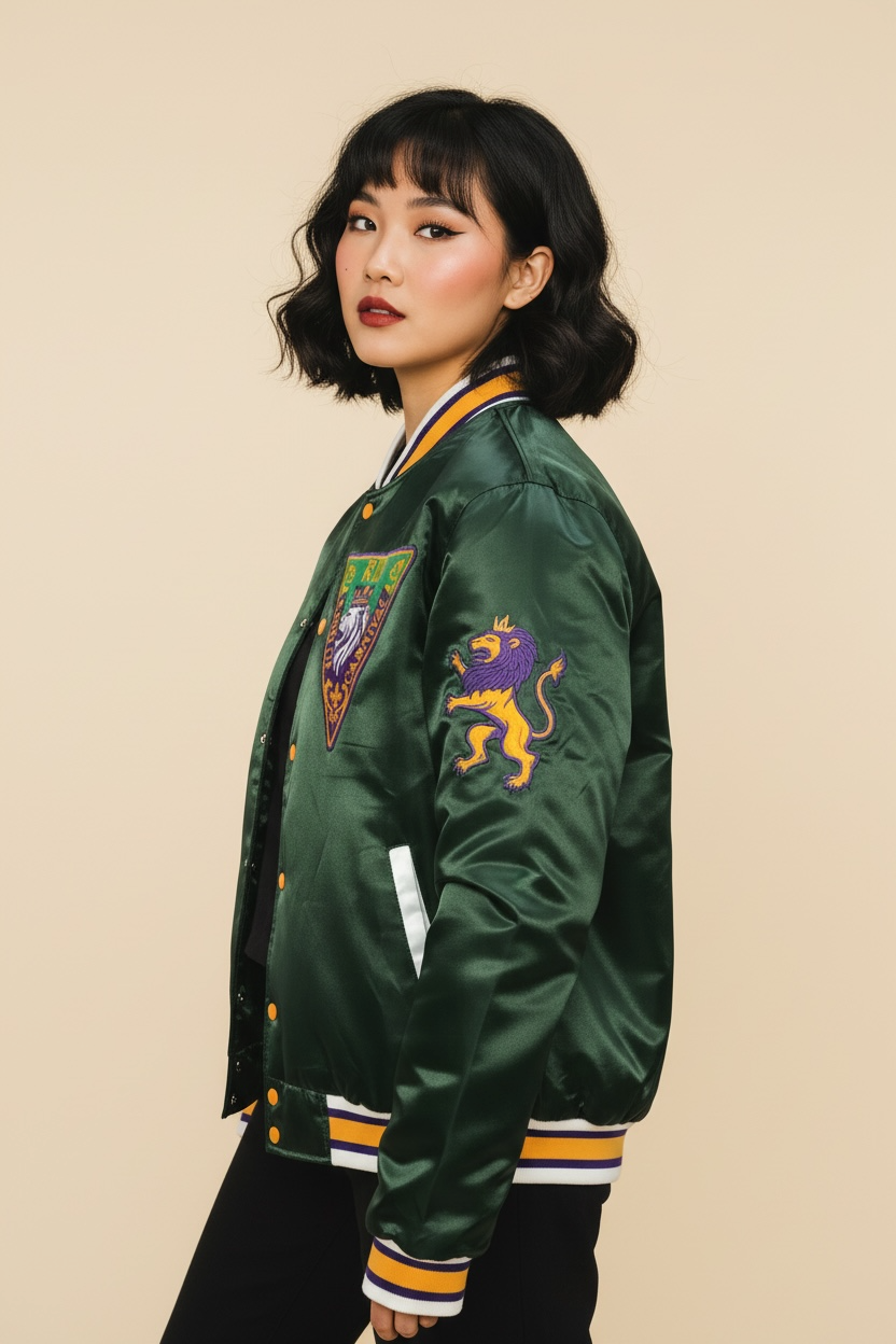 Side profile of model wearing R10 MG26 satin jacket, highlighting sleeve lion embroidery and structured silhouette.