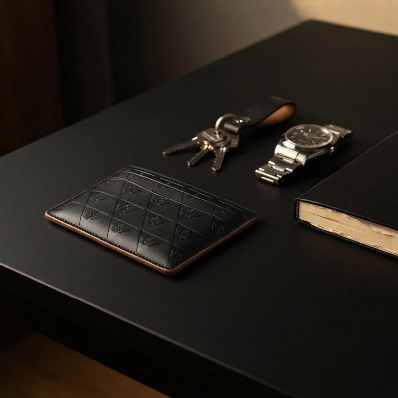 Leather cardholder arranged with everyday essentials representing organized carry.