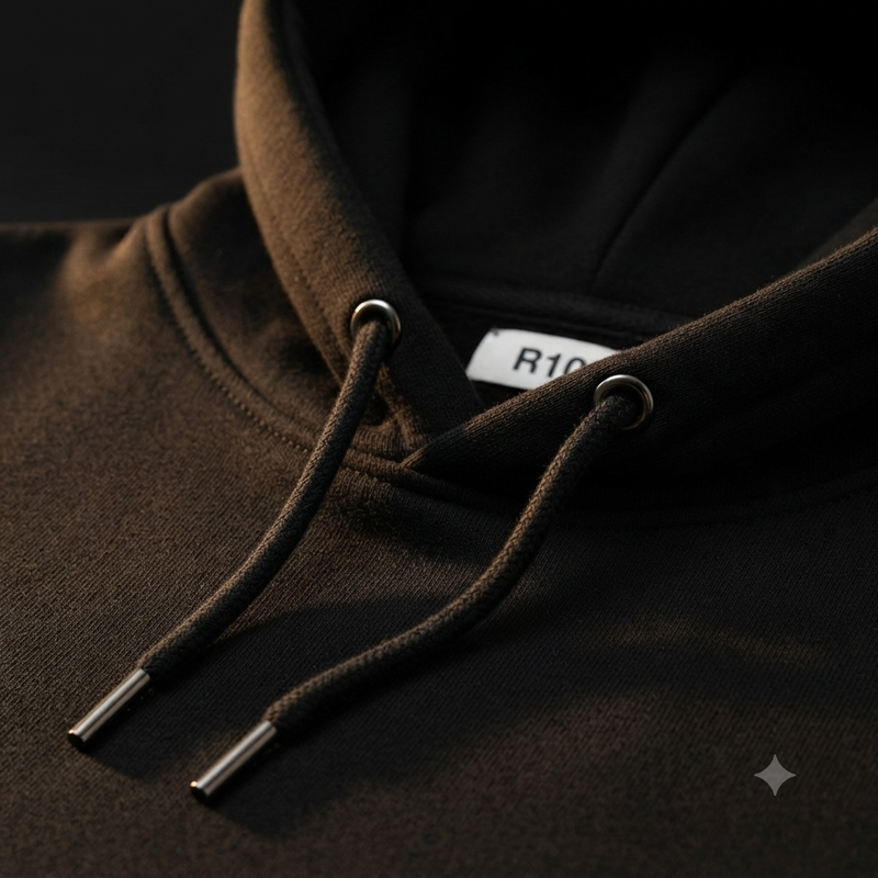 Close-up of premium hoodie construction highlighting material quality and craftsmanship.