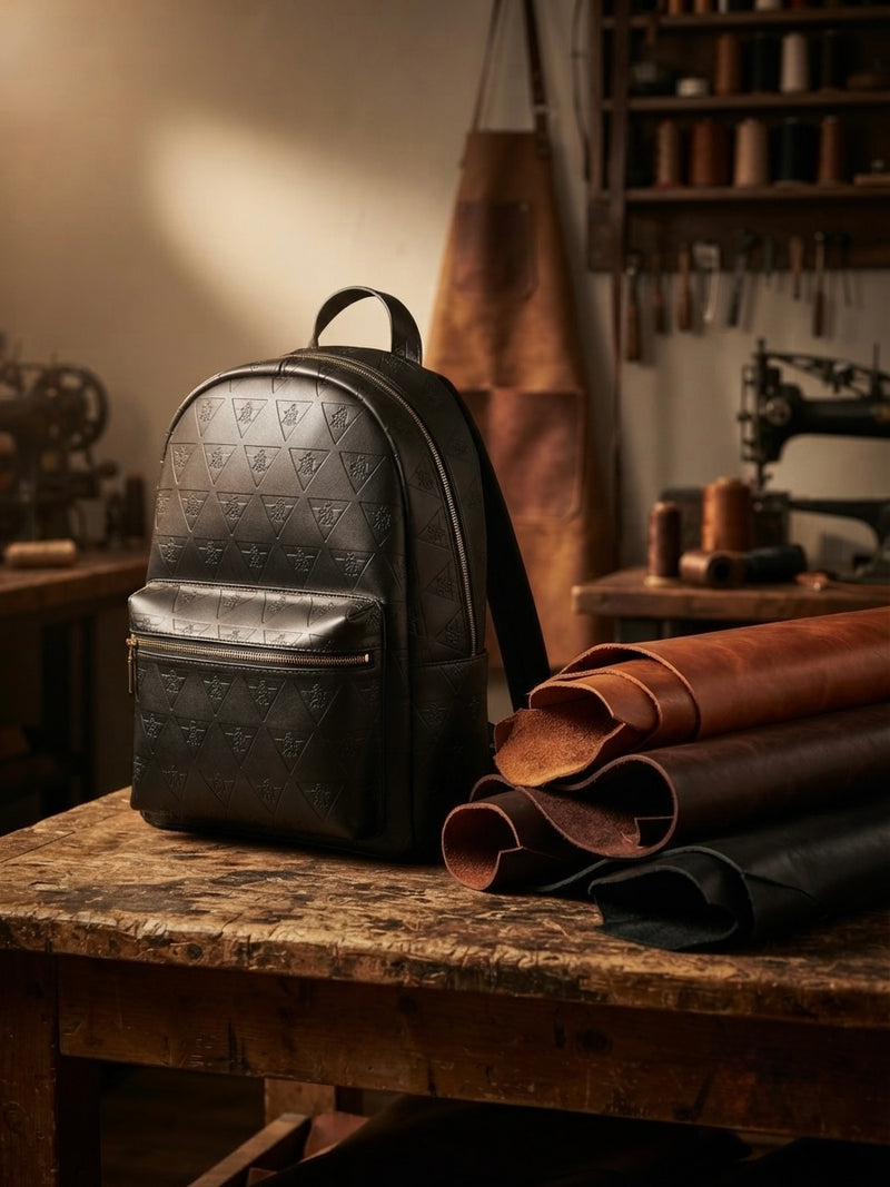 Premium leather goods displayed with leather materials representing responsible craftsmanship and sourcing.