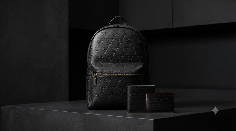 R10 leather carry goods including a structured leather backpack, wallet, and cardholder arranged together in a dark editorial setting, representing daily function, movement, organization, and long-term craftsmanship.