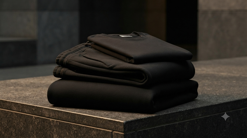 Structured black ready-to-wear garments arranged in a refined editorial composition, representing repetition, consistency, durability, and clothing designed for long-term everyday wear.