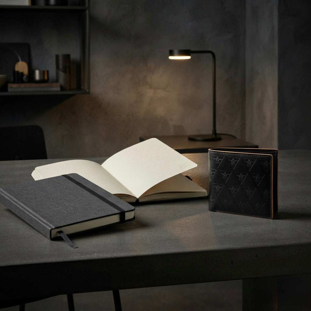 Open notebook besides premium leather goods in a dark editorial studio representing intentional learning and craftsmanship.