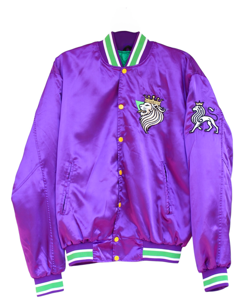 Satin bomber with embroidered crowned lion on back and chest emblem, designed for the Mardi Gras 25 commemorative release