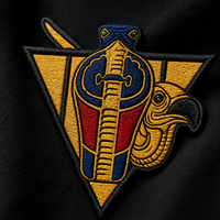 Close-up of the embroidered Uraeus e Abutre Emblem on the R10 heavyweight hoodie, highlighting premium stitching and craftsmanship. 