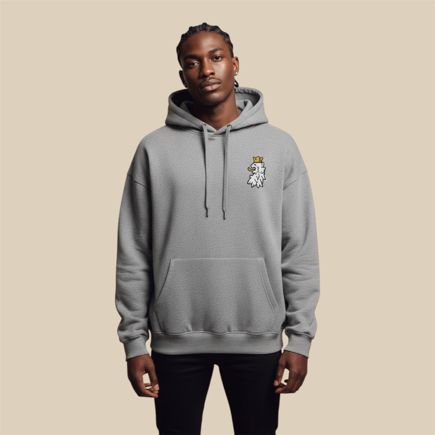 Leão Branco graphite heather premium hoodie with embroidered white and gold lion emblem