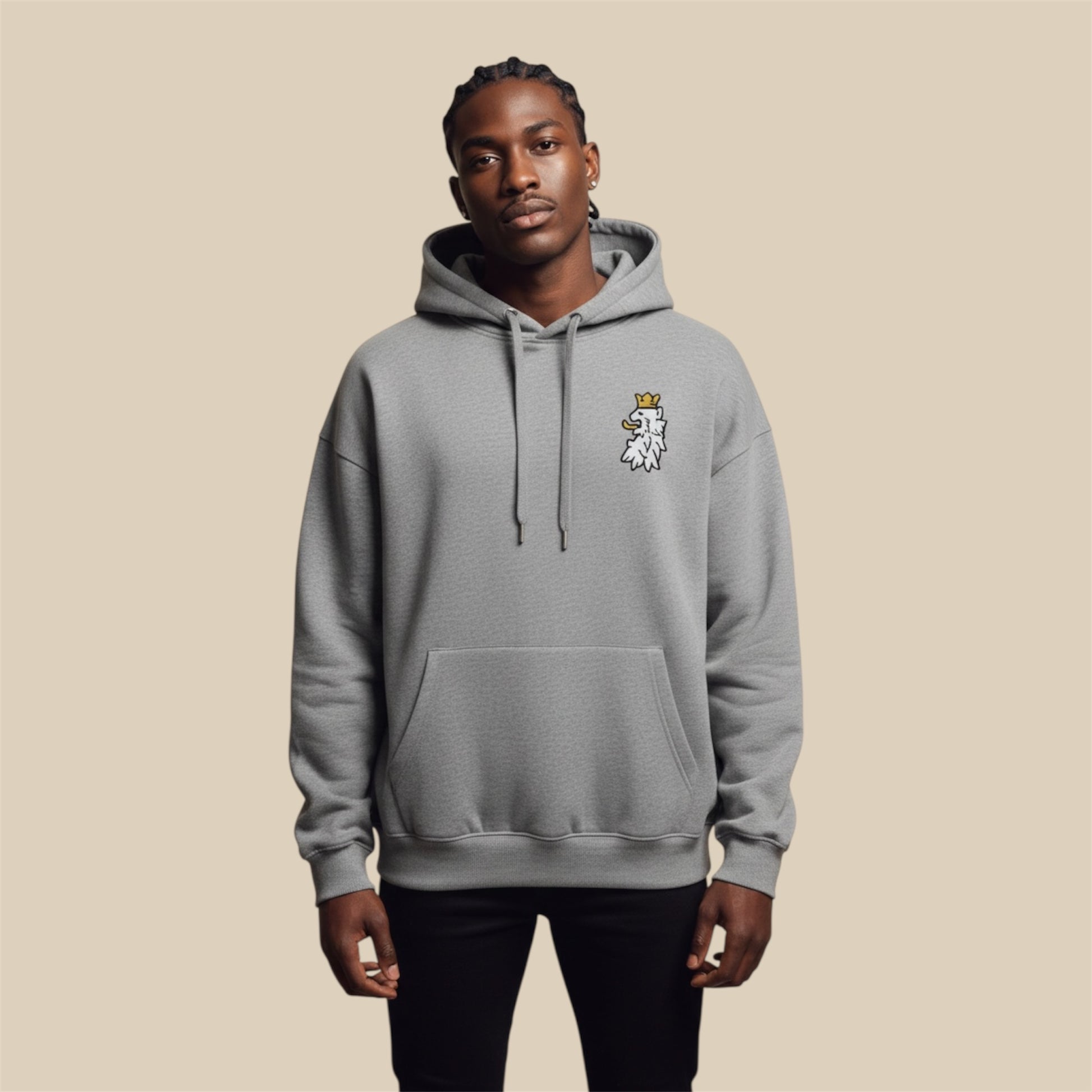 Leão Branco graphite heather premium hoodie with embroidered white and gold lion emblem