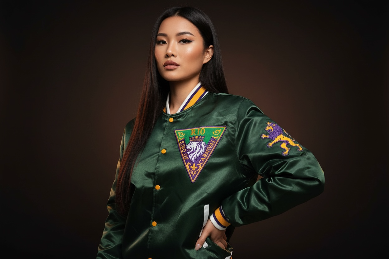 R10 MG26 Esmeralda Oscura satin bomber jacket in deep green, worn by model, featuring embroidered crest and structured ilhouette - limited edition Mardi Gras collection.
