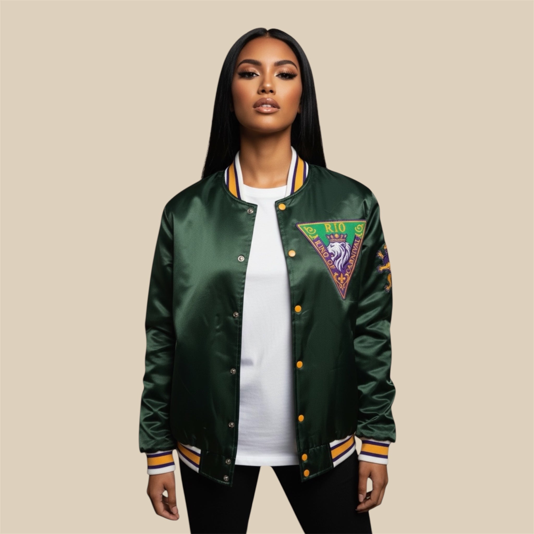 Editorial styling of R10 MG26 Esmeralda Oscura satin bomber jacket against neutral background, expressing quiet  luxury and discipline presence.