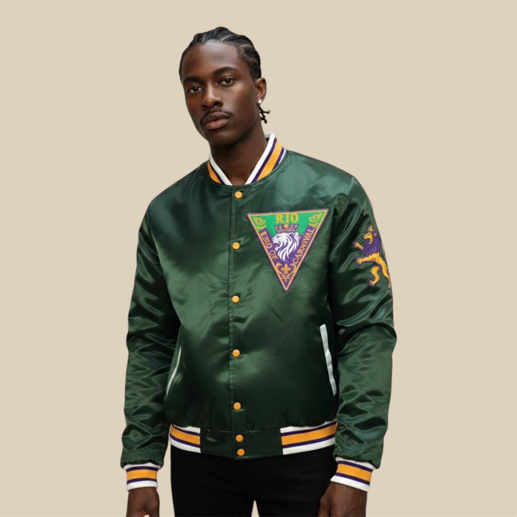Male model wearing R10 MG26 Esmeralda Oscura satin bomber jacket, highlighting atin finish, front crest embroidery, and modern structure.