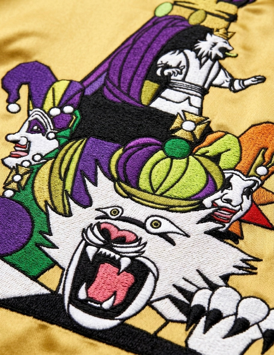 MG22 satin bomber gold embroidery close up detail
