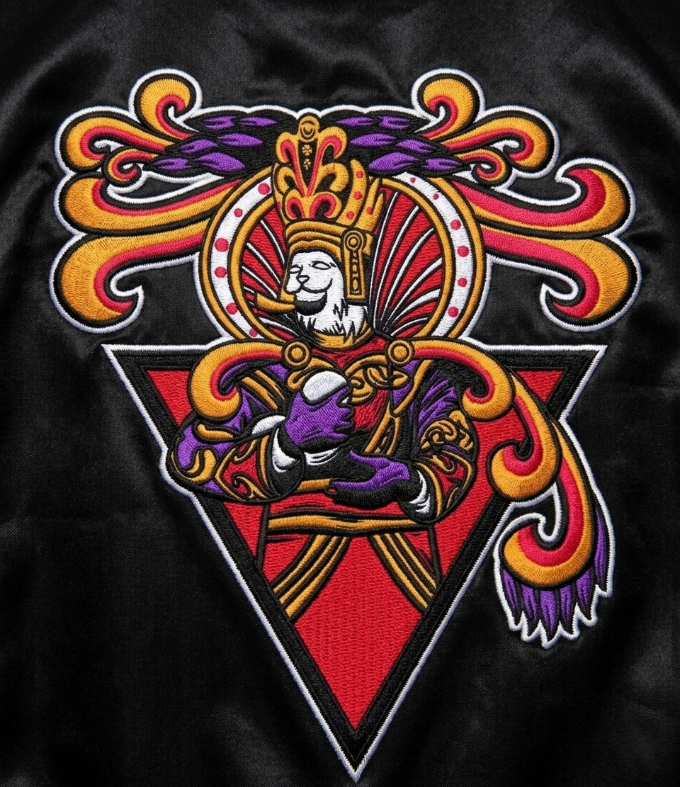 MG23 satin bomber detailed back embroidery close up black satin texture