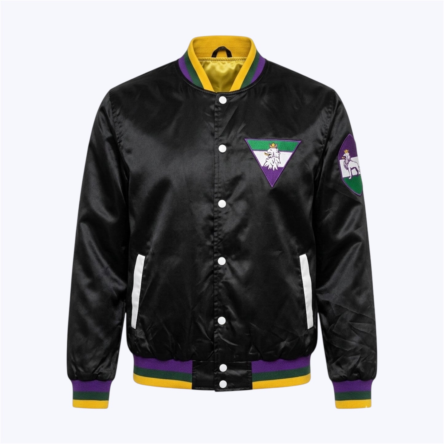 Preto Meia Noite satin bomber MG23 front view black structured jacket