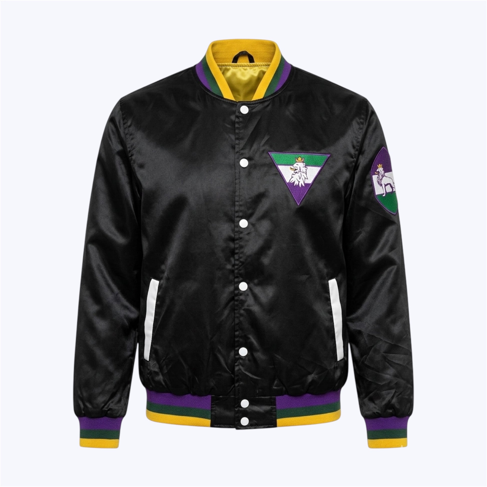 Preto Meia Noite satin bomber MG23 front view black structured jacket
