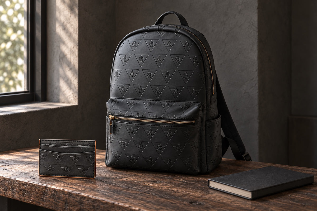 The R10 backpack on a wooden bench beside a window, with a cardholder and closed notebook arranged separately.