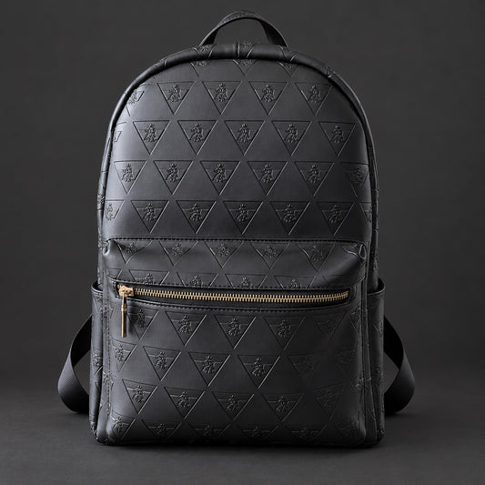 Front view of the black R10 Leão Branco backpack showing embossed motifs, top handle, and zippered front pocket.