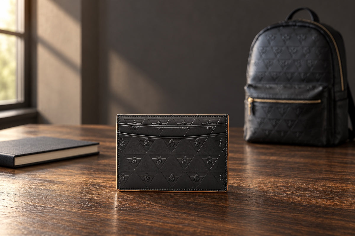 The black R10 cardholder on a wooden table with a closed notebook and backpack behind it.