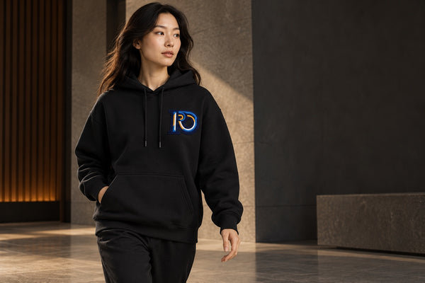 Model wearing an R10 heavyweight black hoodie in a quiet architectural interior.