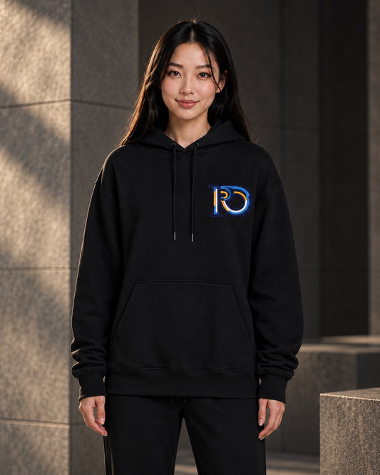 R10 Monogram Hoodie in black, front view on a model.