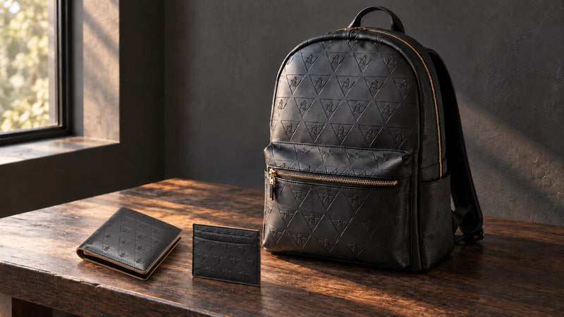R10 backpack, wallet, and cardholder arranged on dark timber in warm window light.