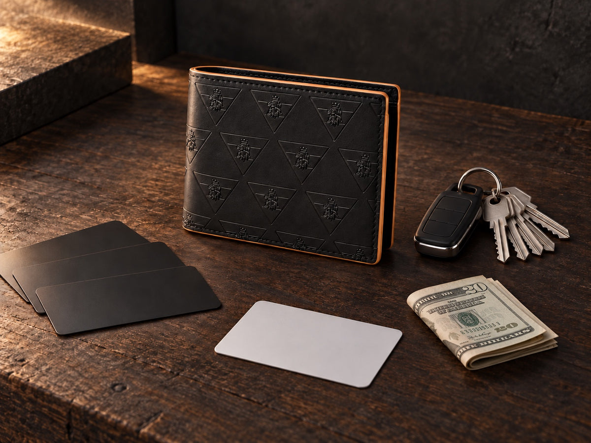 R10 leather wallet arranged with three cards, identification, folded twenty-dollar bills, and a compact key ring.