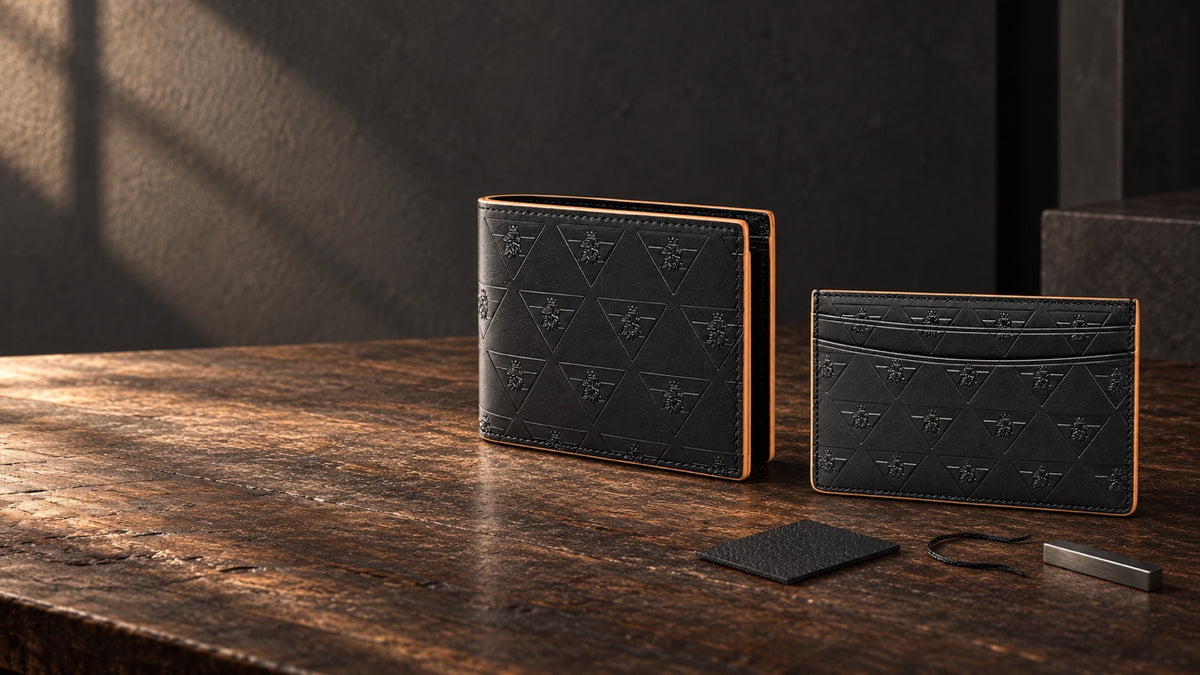R10 wallet and cardholder beside leather and construction samples on a timber worktable.