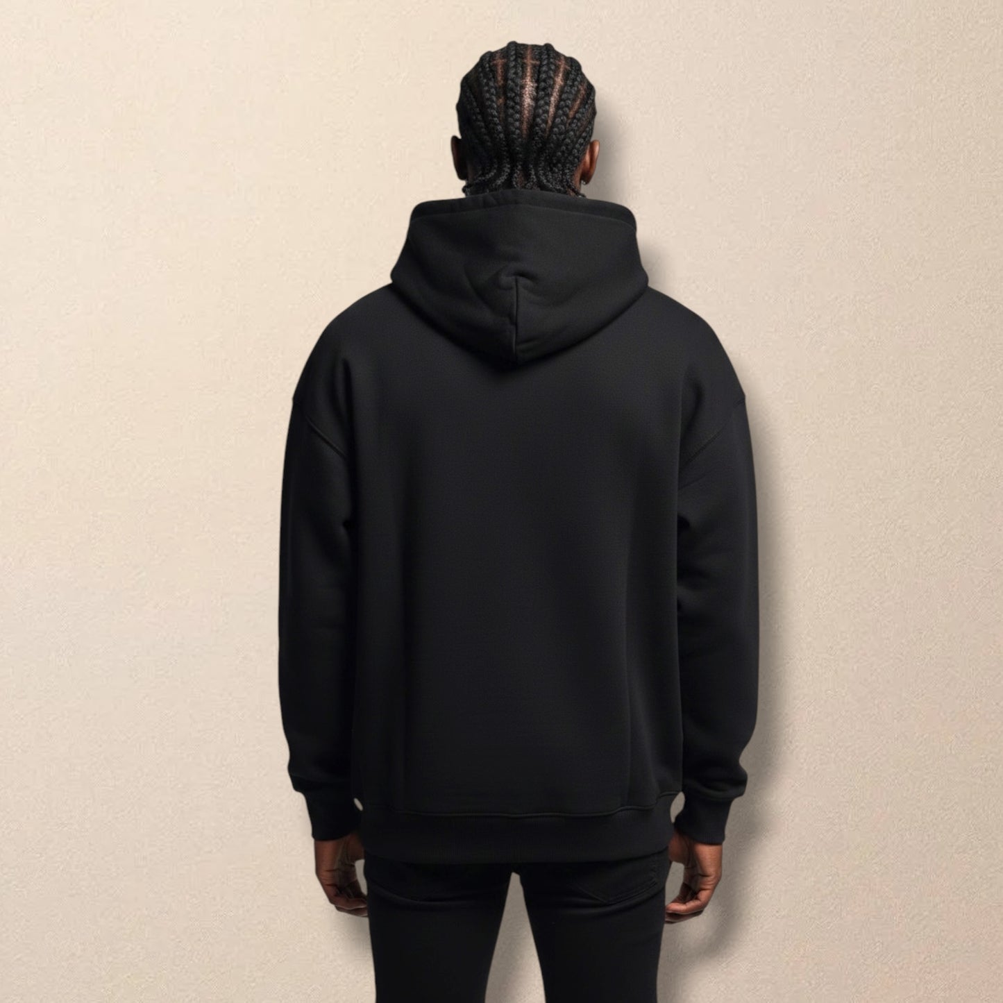 R10 black hoodie back view